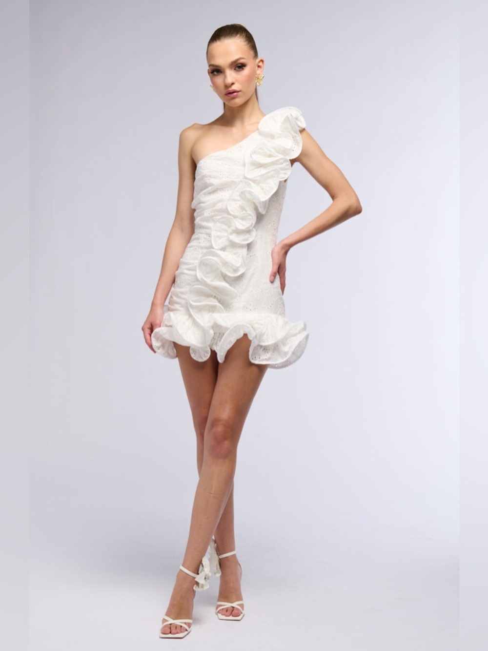 AKIRA White One-Shoulder Ruffle Eyelet Mini Dress - Picture 3 of 8